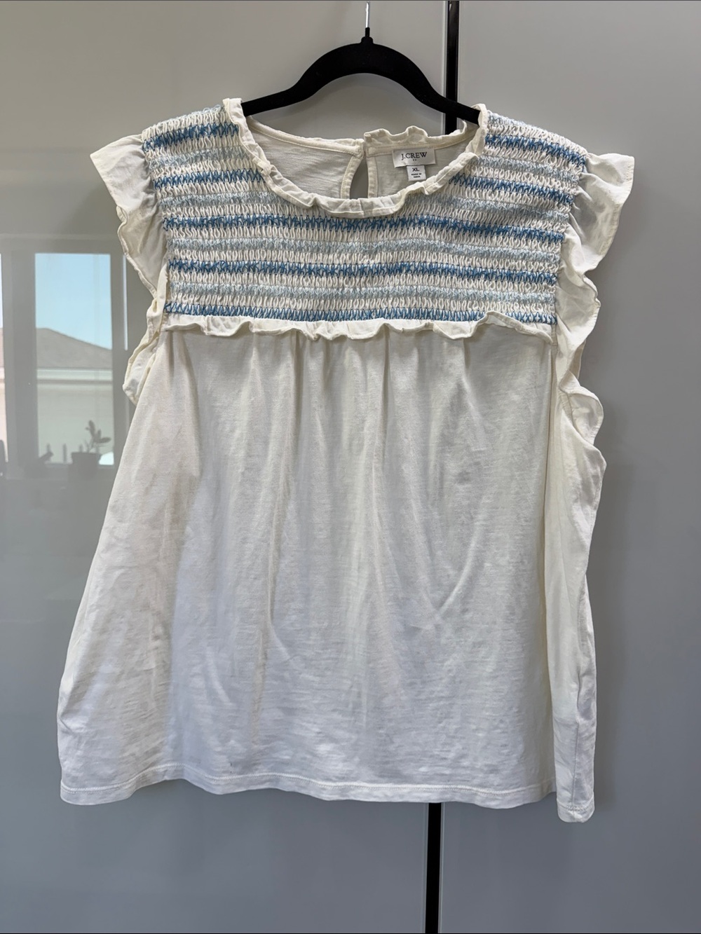 J. Crew Cream Top with Light Blue Smocked Yoke and Ruffle Sleeves